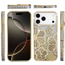 For iPhone 17 Pro Max Case Bling Floral 3D Glitter Phone Cover + Tempered Glass