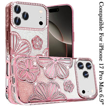 For iPhone 17 Pro Max Case Bling Floral 3D Glitter Phone Cover + Tempered Glass