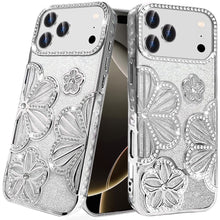 For iPhone 17 Pro Max Case Bling Floral 3D Glitter Phone Cover + Tempered Glass