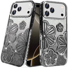 For iPhone 17 PRO Case Bling Floral 3D Glitter TPU Phone Cover + Tempered Glass