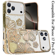 For iPhone 17 PRO Case Bling Floral 3D Glitter TPU Phone Cover + Tempered Glass
