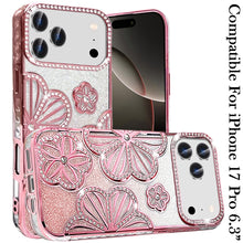 For iPhone 17 PRO Case Bling Floral 3D Glitter TPU Phone Cover + Tempered Glass