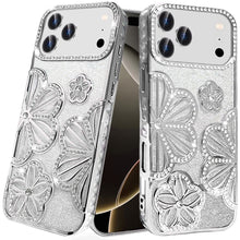 For iPhone 17 PRO Case Bling Floral 3D Glitter TPU Phone Cover + Tempered Glass