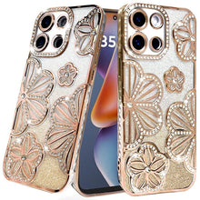 For Moto G 2025 Case Bling Floral 3D Glitter Phone Cover + Tempered Glass