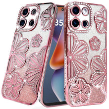 For Moto G 2025 Case Bling Floral 3D Glitter Phone Cover + Tempered Glass