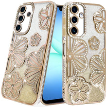 For Samsung A17 5G Case Bling Floral 3D Glitter Phone Cover + Tempered Glass