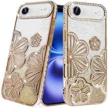 For iPhone Air Case Bling Floral 3D Glitter TPU Phone Cover + Tempered Glass