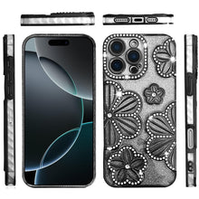 For iPhone 16 PRO MAX Case Bling Floral 3D Glitter Phone Cover + Tempered Glass