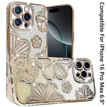 For iPhone 16 PRO MAX Case Bling Floral 3D Glitter Phone Cover + Tempered Glass