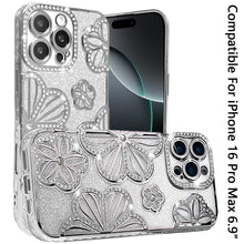 For iPhone 16 PRO MAX Case Bling Floral 3D Glitter Phone Cover + Tempered Glass