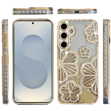 For Samsung S26+ Plus Case Bling Floral 3D Glitter Phone Cover + Tempered Glass