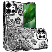 For Moto G Power 2025 Case Bling Floral 3D Glitter Phone Cover + Tempered Glass