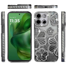 For Moto G Power 2025 Case Bling Floral 3D Glitter Phone Cover + Tempered Glass