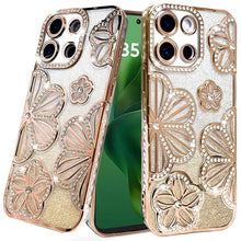 For Moto G Power 2025/26 Case Bling Floral 3D Glitter Cover + Tempered Glass