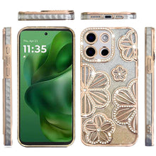 For Moto G Power 2025/26 Case Bling Floral 3D Glitter Cover + Tempered Glass