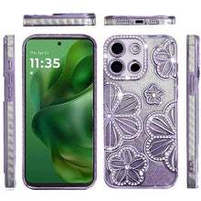 For Moto G Power 2025 Case Bling Floral 3D Glitter Phone Cover + Tempered Glass