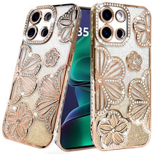 For Moto G Stylus 2025 Case Bling Floral 3D Glitter Phone Cover + Tempered Glass