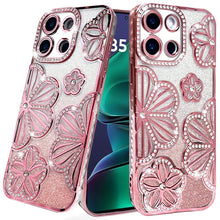 For Moto G Stylus 2025 Case Bling Floral 3D Glitter Phone Cover + Tempered Glass