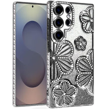 For Samsung S25 Ultra Case Bling Floral 3D Glitter Phone Cover + Tempered Glass