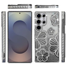 For Samsung S25 Ultra Case Bling Floral 3D Glitter Phone Cover + Tempered Glass
