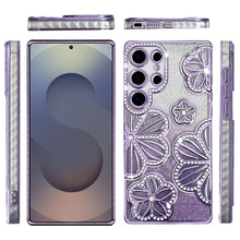 For Samsung S25 Ultra Case Bling Floral 3D Glitter Phone Cover + Tempered Glass