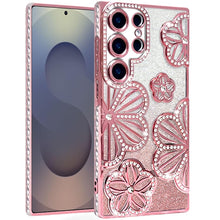 For Samsung S25 Ultra Case Bling Floral 3D Glitter Phone Cover + Tempered Glass