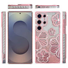 For Samsung S25 Ultra Case Bling Floral 3D Glitter Phone Cover + Tempered Glass