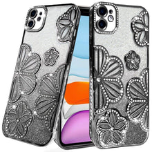 For iPhone 11 6.1 in. Case Bling Floral 3D Glitter Phone Cover + Tempered Glass