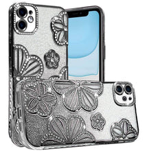 For iPhone 11 6.1 in. Case Bling Floral 3D Glitter Phone Cover + Tempered Glass