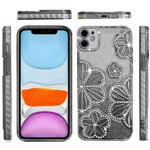 For iPhone 11 6.1 in. Case Bling Floral 3D Glitter Phone Cover + Tempered Glass