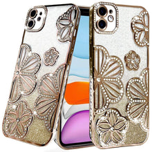 For iPhone 11 6.1 in. Case Bling Floral 3D Glitter Phone Cover + Tempered Glass
