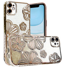 For iPhone 11 6.1 in. Case Bling Floral 3D Glitter Phone Cover + Tempered Glass