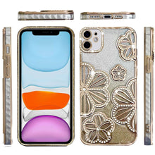 For iPhone 11 6.1 in. Case Bling Floral 3D Glitter Phone Cover + Tempered Glass