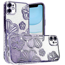 For iPhone 11 6.1 in. Case Bling Floral 3D Glitter Phone Cover + Tempered Glass