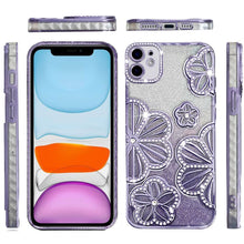 For iPhone 11 6.1 in. Case Bling Floral 3D Glitter Phone Cover + Tempered Glass