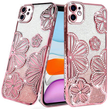 For iPhone 11 6.1 in. Case Bling Floral 3D Glitter Phone Cover + Tempered Glass