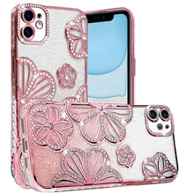 For iPhone 11 6.1 in. Case Bling Floral 3D Glitter Phone Cover + Tempered Glass