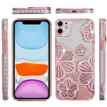 For iPhone 11 6.1 in. Case Bling Floral 3D Glitter Phone Cover + Tempered Glass