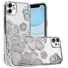 For iPhone 11 6.1 in. Case Bling Floral 3D Glitter Phone Cover + Tempered Glass