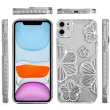 For iPhone 11 6.1 in. Case Bling Floral 3D Glitter Phone Cover + Tempered Glass