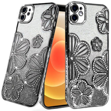 For iPhone 12/12 Pro Case Bling Floral 3D Glitter Phone Cover + Tempered Glass
