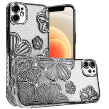 For iPhone 12/12 Pro Case Bling Floral 3D Glitter Phone Cover + Tempered Glass