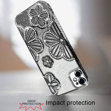 For iPhone 12/12 Pro Case Bling Floral 3D Glitter Phone Cover + Tempered Glass