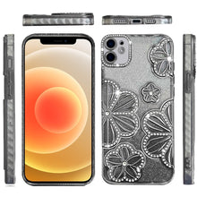 For iPhone 12/12 Pro Case Bling Floral 3D Glitter Phone Cover + Tempered Glass