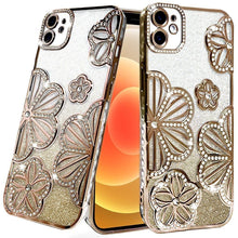For iPhone 12/12 Pro Case Bling Floral 3D Glitter Phone Cover + Tempered Glass