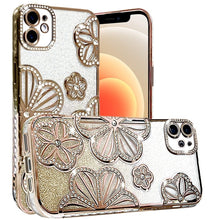 For iPhone 12/12 Pro Case Bling Floral 3D Glitter Phone Cover + Tempered Glass