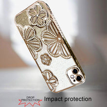 For iPhone 12/12 Pro Case Bling Floral 3D Glitter Phone Cover + Tempered Glass