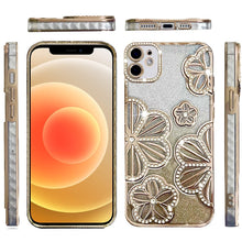For iPhone 12/12 Pro Case Bling Floral 3D Glitter Phone Cover + Tempered Glass
