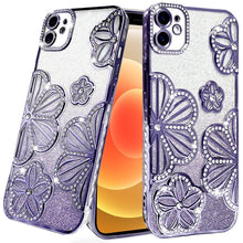 For iPhone 12/12 Pro Case Bling Floral 3D Glitter Phone Cover + Tempered Glass