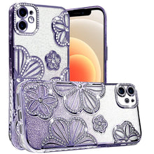 For iPhone 12/12 Pro Case Bling Floral 3D Glitter Phone Cover + Tempered Glass